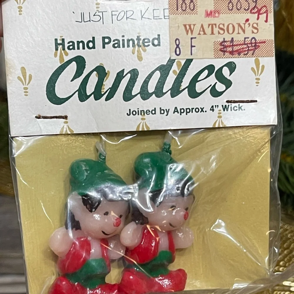 Hand painted  elves & reindeer candles vintage